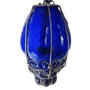Vintage Hand Blown Cobalt Blue Murano Bubble Glass Caged Hanging Lantern Pendant